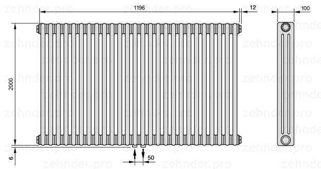 Схема (чертеж) Радиатор Zehnder Charleston 3200/26 №3470 Белый глянцевый RAL 9016